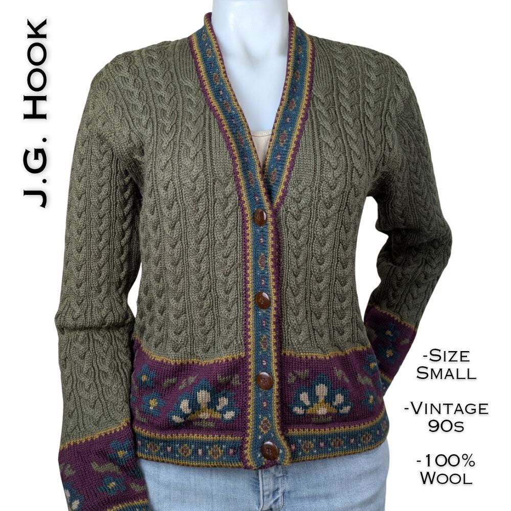 J.G. Hook 90s Cardigan Small Olive Green 100% Wool Cable Knit Fair Isle Vintage
